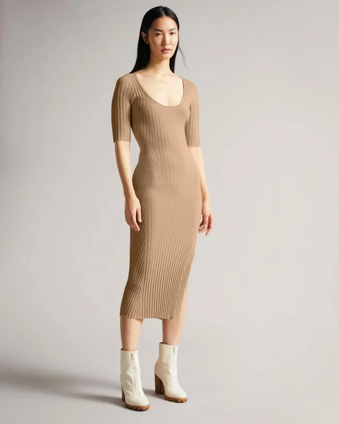 Side Slit Detail Knit Dress Light Brown Women Ted Baker Dresses Side Slit Detail Knit Dress Light Brown Women Ted Baker Dresses