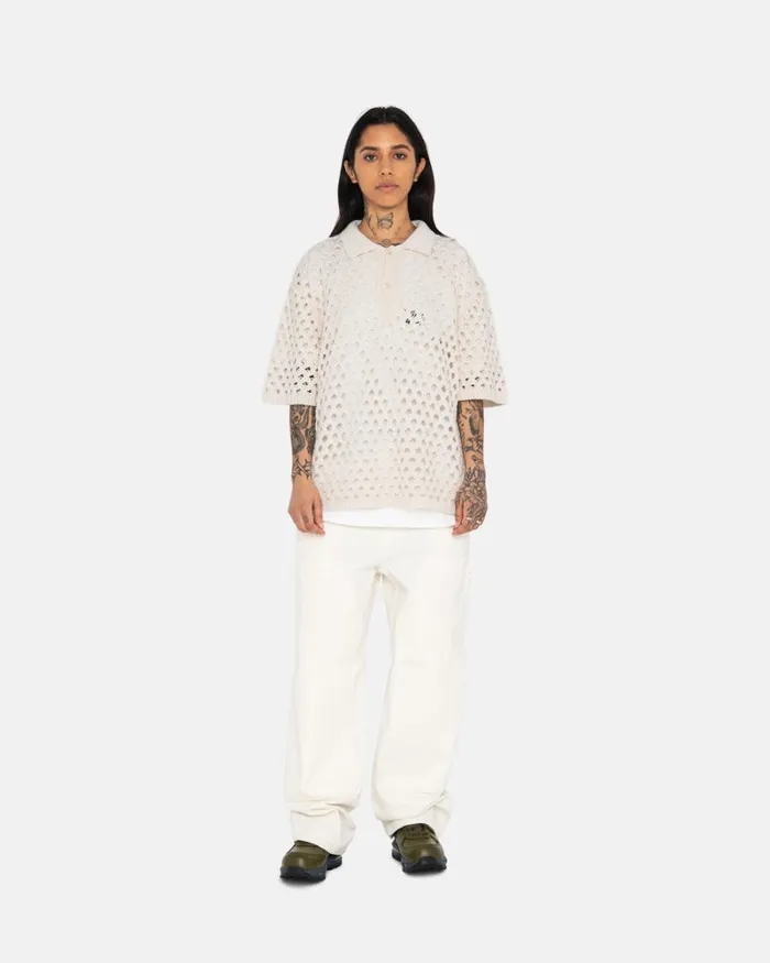 Tops and Shirts Men Stussy BIG MESH POLO SWEATER Ivory Tops and Shirts Men Stussy BIG MESH POLO SWEATER Ivory
