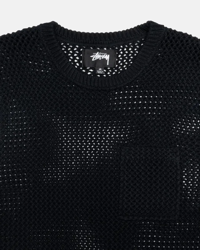 Tops and Shirts Men Stussy O039DYED HEAVYWEIGHT MESH CREW Solid Black Tops and Shirts Men Stussy O039DYED HEAVYWEIGHT MESH CREW Solid Black