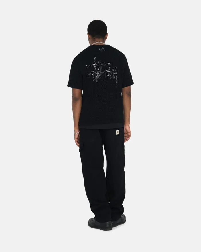 Tops and Shirts Men Stussy O039DYED HEAVYWEIGHT MESH CREW Solid Black Tops and Shirts Men Stussy O039DYED HEAVYWEIGHT MESH CREW Solid Black