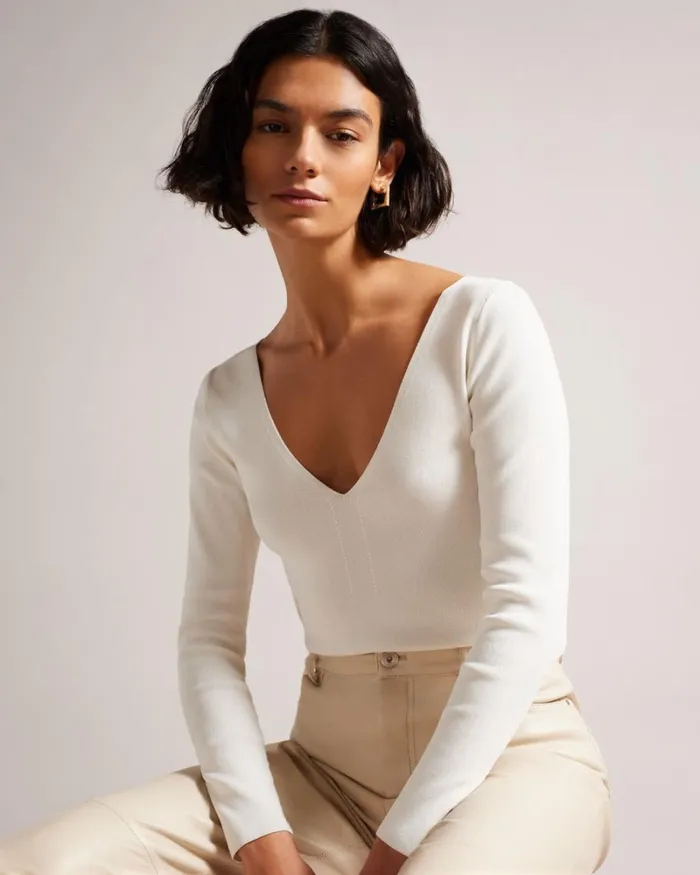 V Neck Slim Fit Knit Top Ivory Women Ted Baker Clothing