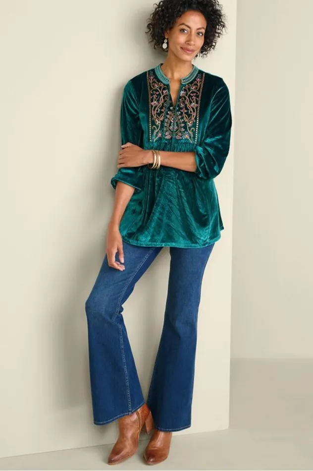 Women Ashanti Embellished Velvet Tunic June Bug Soft Surroundings Tops Women Ashanti Embellished Velvet Tunic June Bug Soft Surroundings Tops