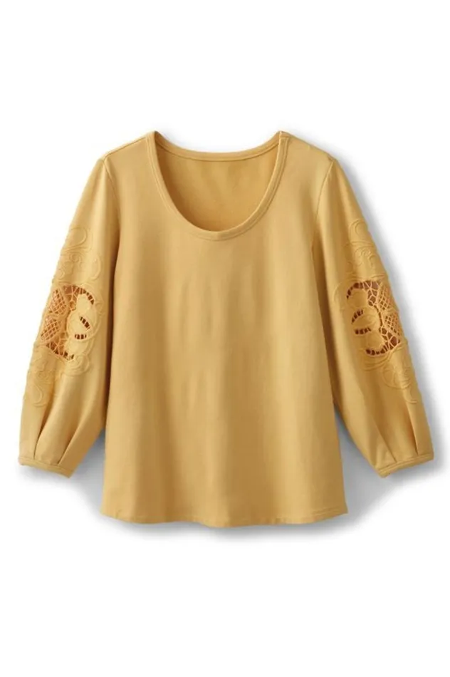 Women Charmaine Embroidered French Terry Top Buff Yellow Soft Surroundings Tops Women Charmaine Embroidered French Terry Top Buff Yellow Soft Surroundings Tops