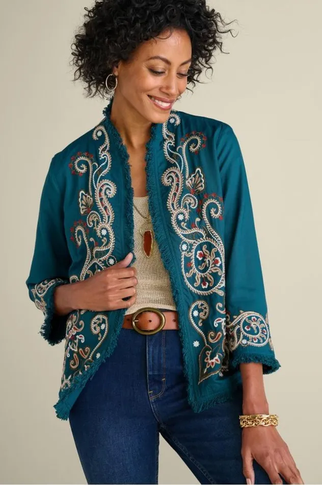 Women Kiruna Embroidered Jacket Teal Soft Surroundings Jackets and Coats