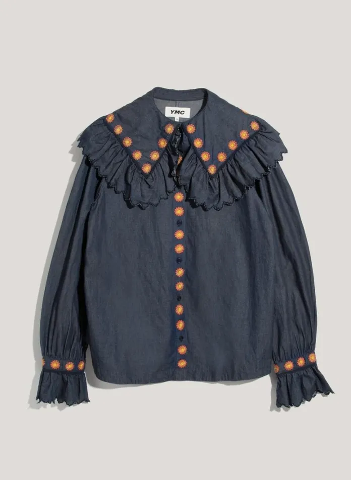 Womens Shirts YMC Blossom Embroidered Denim Shirt Indigo