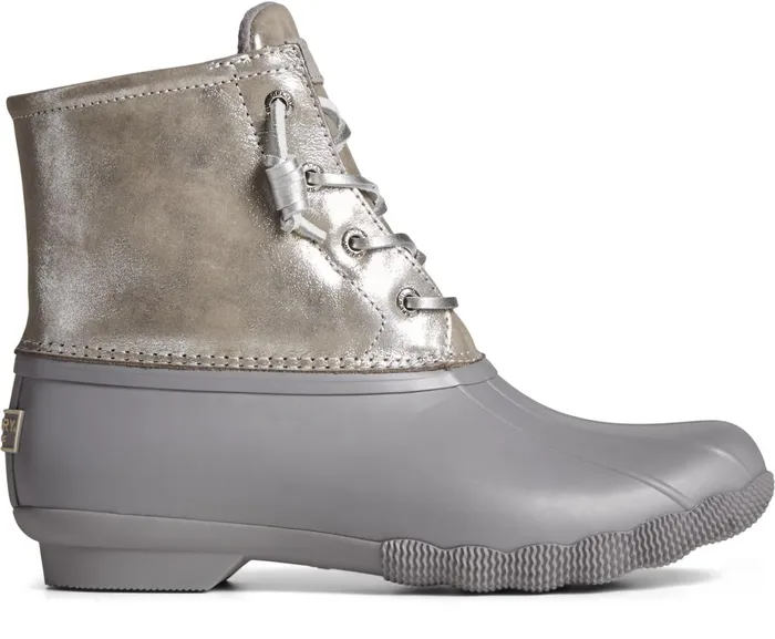 Women Saltwater Metallic Leather Duck Boot Silver Sperry Rain and Duck Boots