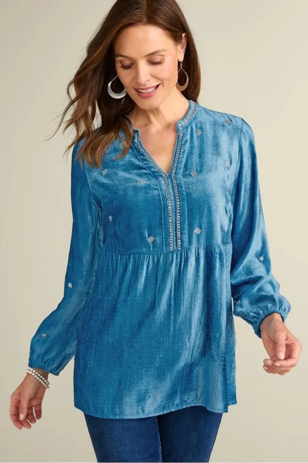 Women Verna Embellished Velvet Tunic Blue Sapphire Soft Surroundings Tops