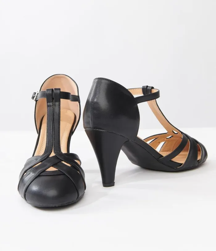 1920s Black Leatherette Woven TStrap Heels Shoes Unique Vintage Heels