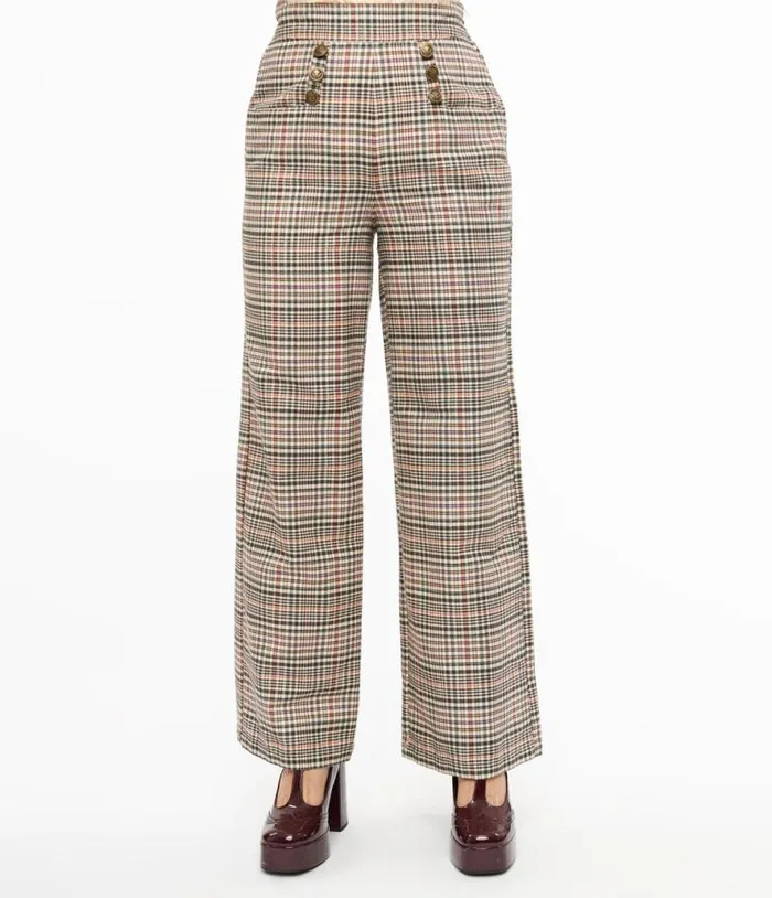 1940s Beige Plaid High Waist Sailor Ginger Pants Clothing Unique Vintage Pants