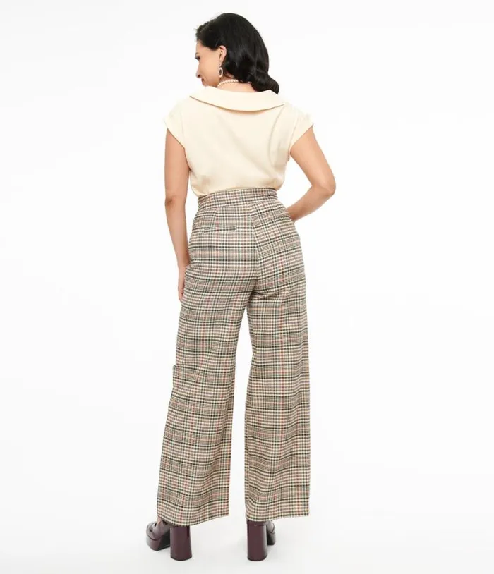 1940s Beige Plaid High Waist Sailor Ginger Pants Clothing Unique Vintage Pants