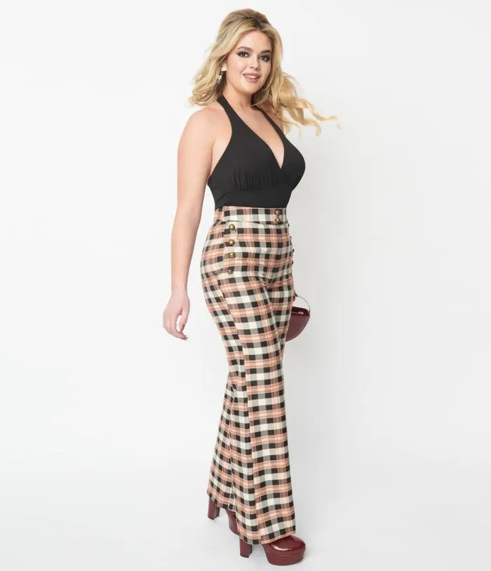 1940s Black and Tan Plaid Sailor Pants ClothingPlus Unique Vintage Pants