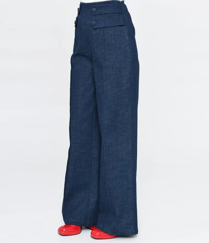1940s Denim High Waist Wide Leg Tab Pants Clothing Unique Vintage Pants
