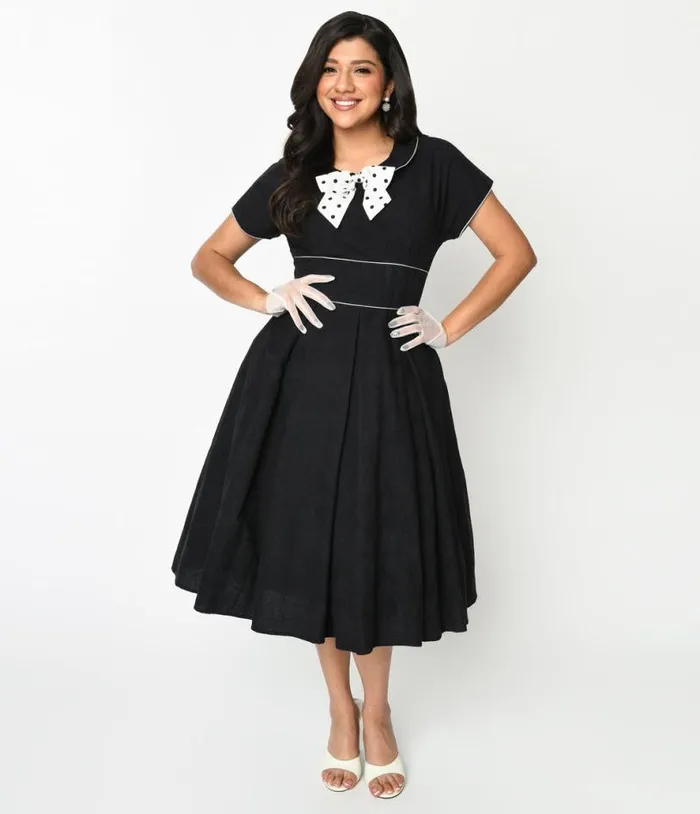 1950s Black and Ivory Polka Dot Bow Cotton Swing Dress Dresses Unique Vintage Pocket Dresses