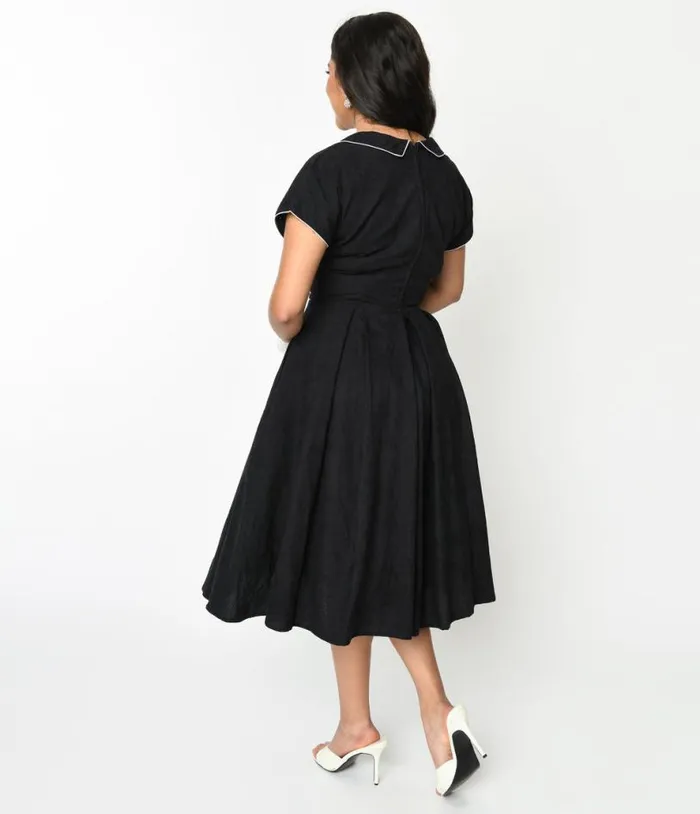 1950s Black and Ivory Polka Dot Bow Cotton Swing Dress Dresses Unique Vintage Pocket Dresses