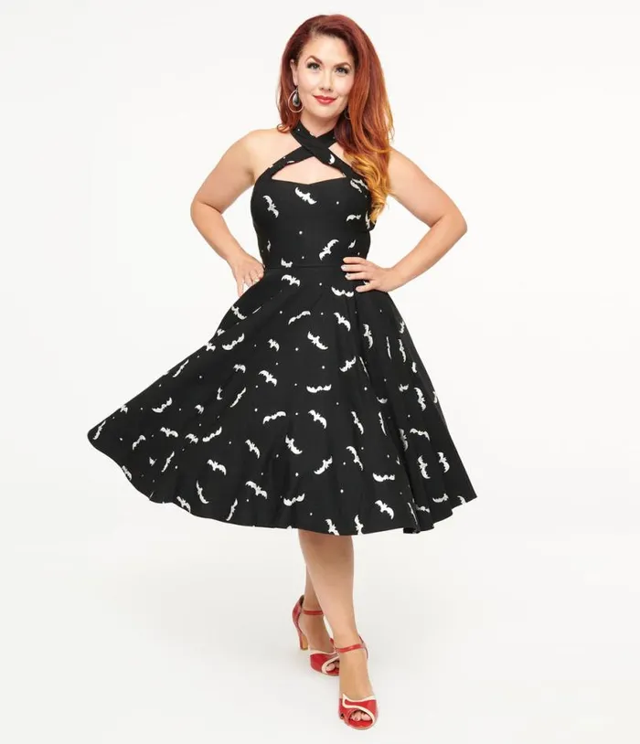 1950s Black and Silver Bats Criss Cross Halter Rita Flare Dress DressesHalloween Unique Vintage Dresses