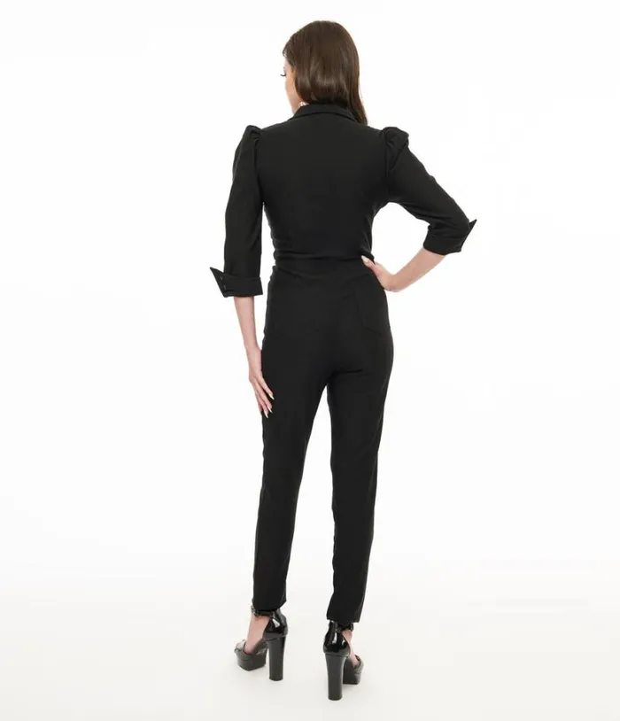 1950s Black Puff Sleeve Jumpsuit Clothing Unique Vintage Rompers and Jumpsuits