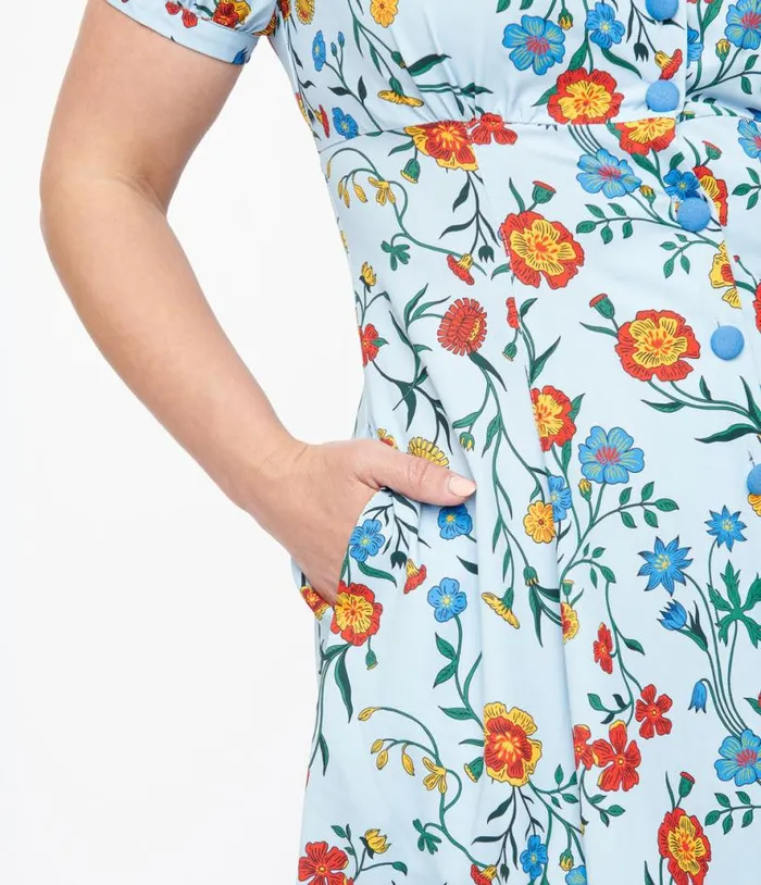 1950s Blue Floral Fit and Flare Dress Dresses Unique Vintage Fit and Flare