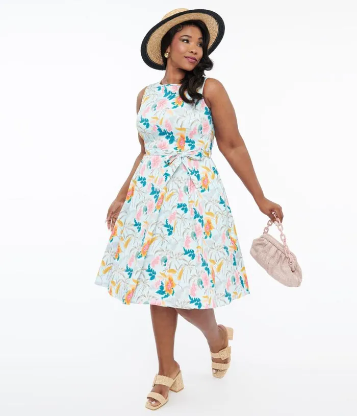 1950s Blue Tropical Holiday Cotton Hepburn Swing Dress DressesPlus Unique Vintage Pocket Dresses 1950s Blue Tropical Holiday Cotton Hepburn Swing Dress DressesPlus Unique Vintage Pocket Dresses