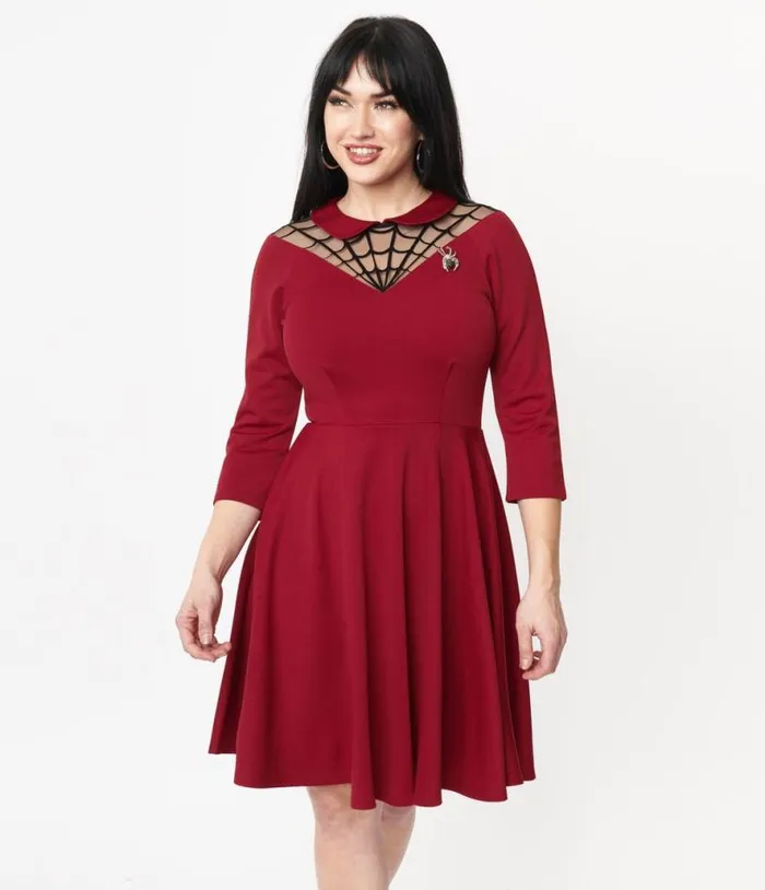 1950s Burgundy Spiderweb Endora Fit and Flare Dress DressesHalloween Unique Vintage Dresses