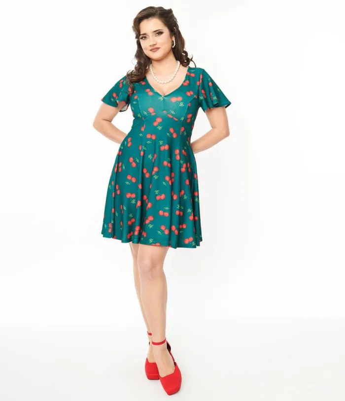 1950s Emerald and Cherry Print Poppy Flare Dress Dresses Unique Vintage Pocket Dresses 1950s Emerald and Cherry Print Poppy Flare Dress Dresses Unique Vintage Pocket Dresses