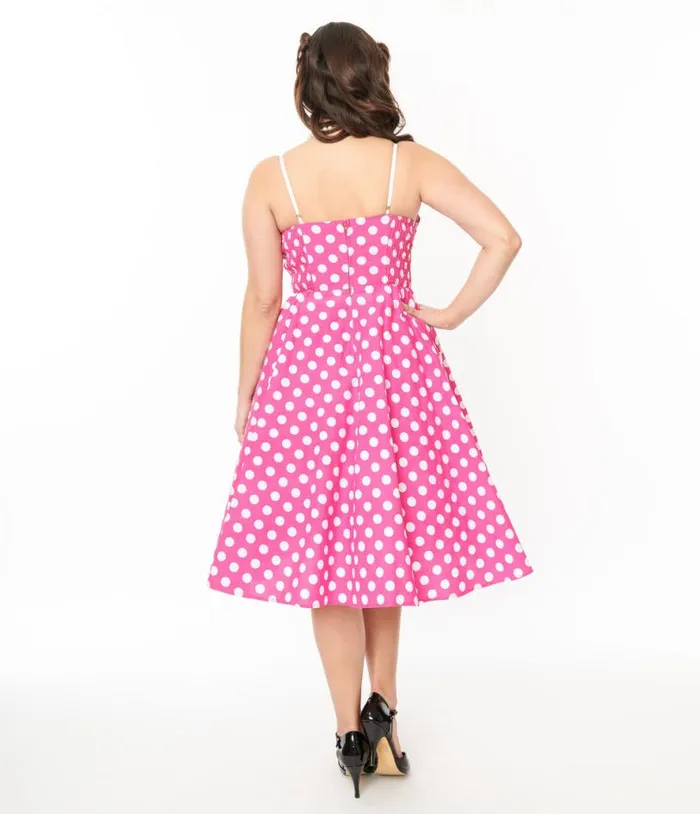 1950s Hot Pink and White Polka Dot Cotton Swing Dress Dresses Unique Vintage Swing