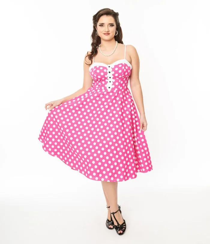1950s Hot Pink and White Polka Dot Cotton Swing Dress Dresses Unique Vintage Swing