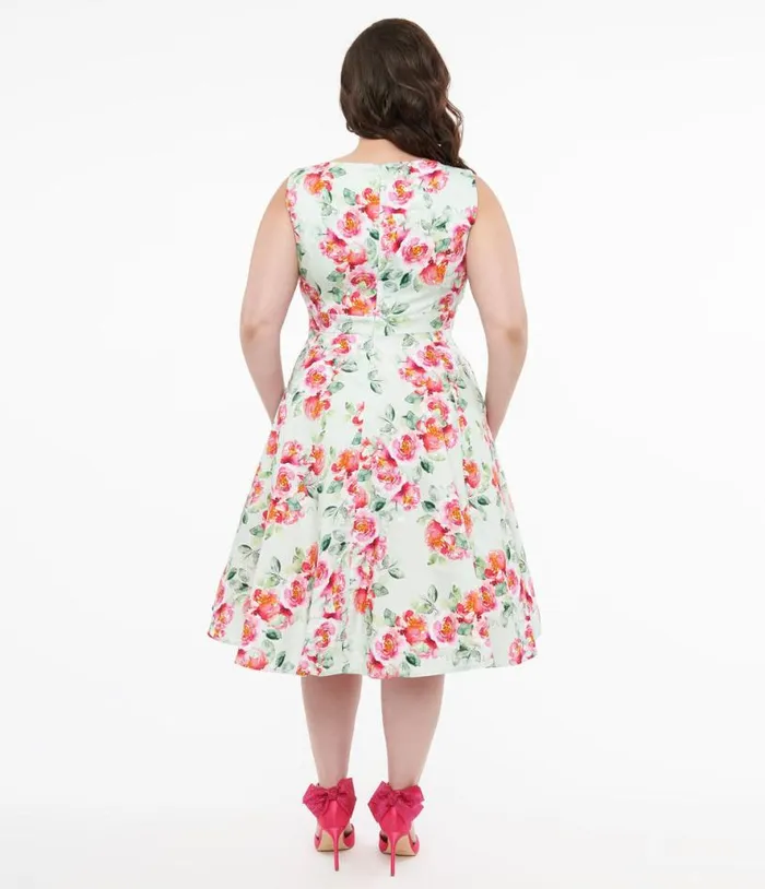 1950s Mint Green and Pink Floral Print Cotton Marissa Swing Dress DressesPlus Unique Vintage Pocket Dresses