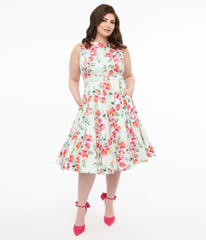1950s Mint Green and Pink Floral Print Cotton Marissa Swing Dress DressesPlus Unique Vintage Pocket Dresses