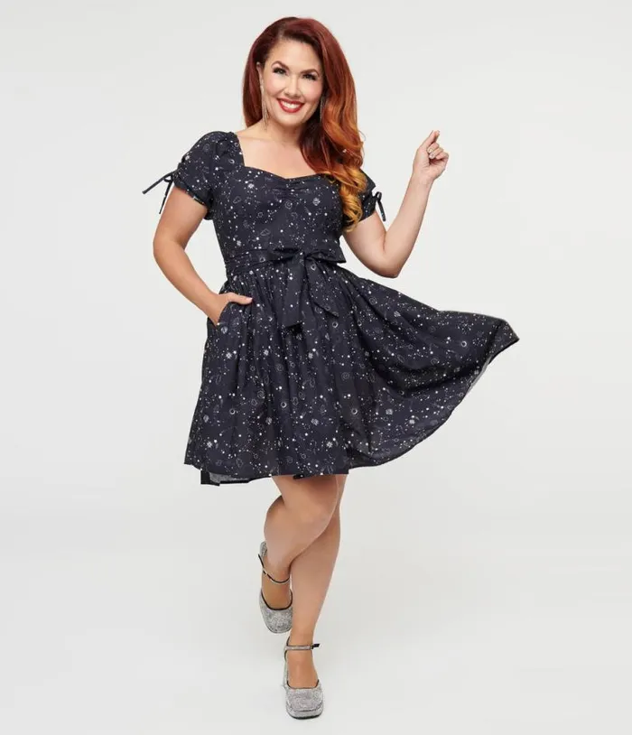 1950s Navy Cosmos Print Swing Dress Dresses Unique Vintage Pocket Dresses