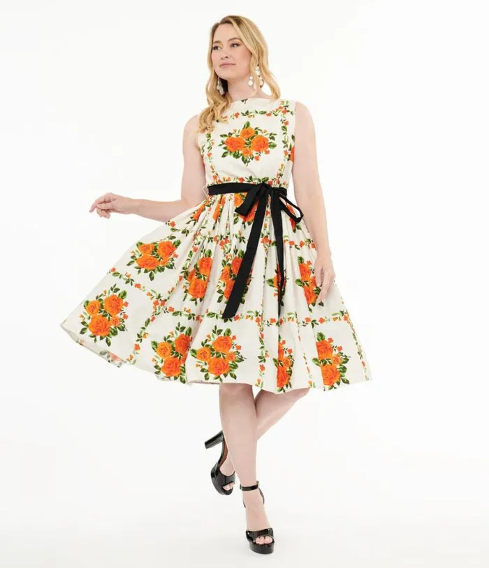 1950s Orange Fall Floral Sleeveless Swing Dress Dresses Unique Vintage Pocket Dresses 1950s Orange Fall Floral Sleeveless Swing Dress Dresses Unique Vintage Pocket Dresses