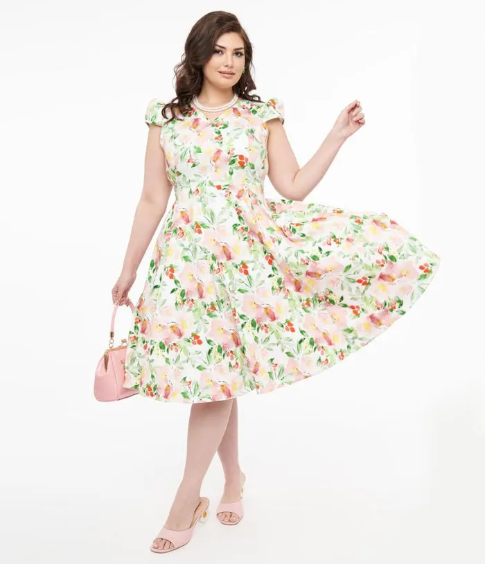 1950s Pink and Green Floral Cotton Larisa Swing Dress DressesPlus Unique Vintage Pocket Dresses 1950s Pink and Green Floral Cotton Larisa Swing Dress DressesPlus Unique Vintage Pocket Dresses