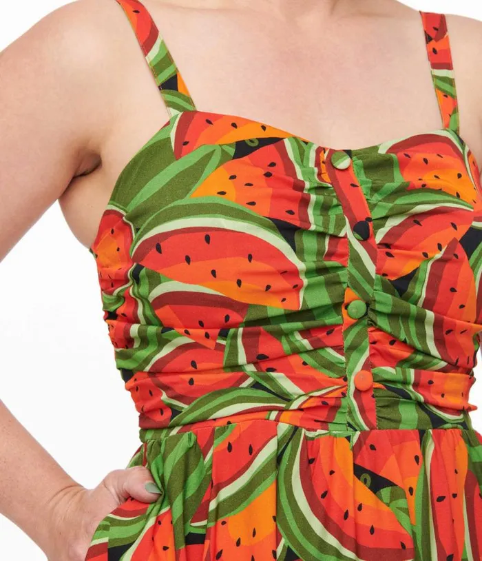 1950s Red and Green Watermelon Print Eden Fit and Flare Dress Dresses Unique Vintage Pocket Dresses