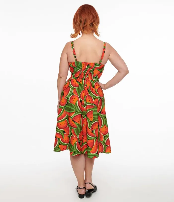 1950s Red and Green Watermelon Print Eden Fit and Flare Dress Dresses Unique Vintage Pocket Dresses