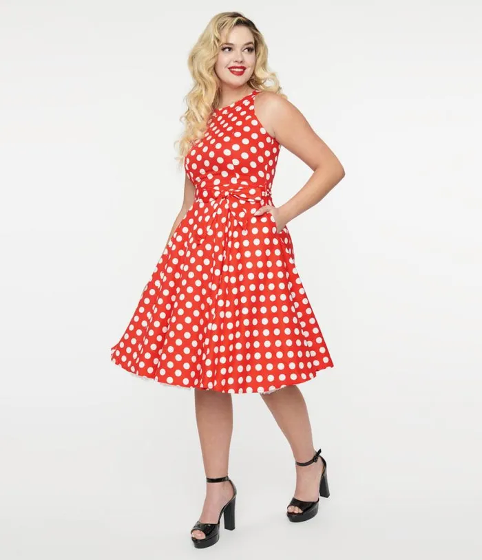 1950s Red and White Polka Dot Cotton Swing Dress DressesPlus Unique Vintage Pocket Dresses