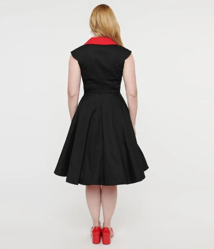 1950s Style Black and Red Cap Sleeve Button Up Diablo Swing Dress Dresses Unique Vintage Pocket Dresses