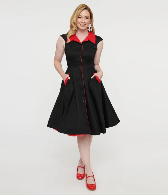 1950s Style Black and Red Cap Sleeve Button Up Diablo Swing Dress Dresses Unique Vintage Pocket Dresses
