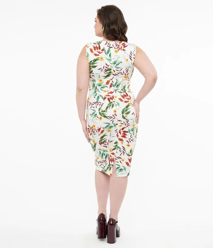 1950s White and Tropical Floral Cotton Jewel Wiggle Dress DressesPlus Unique Vintage Pencil