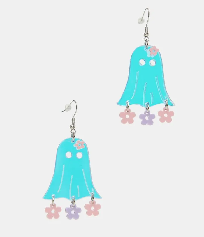 1960s Blue Groovy Ghost Flower Power Earrings AccessoriesHalloween Unique Vintage Accessories