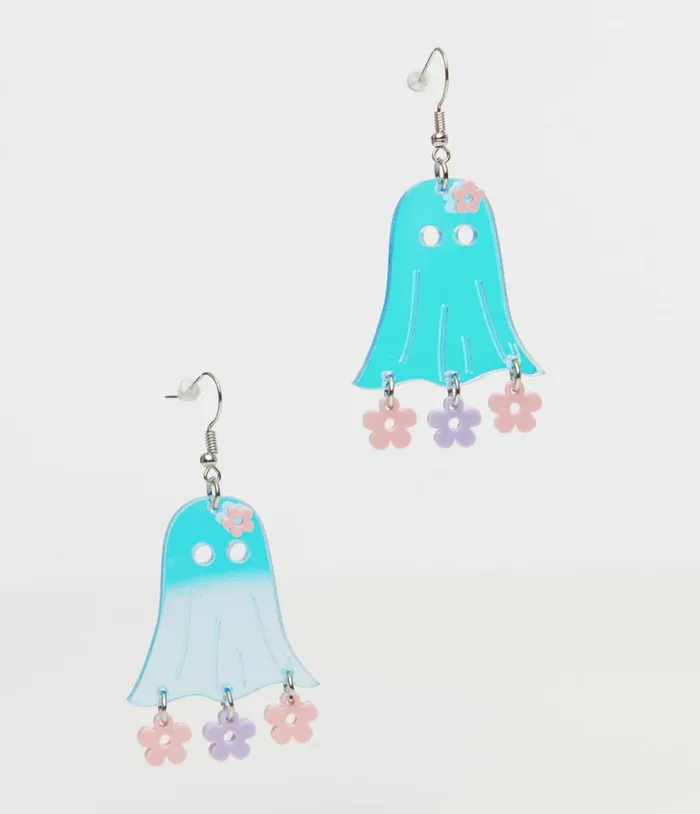 1960s Blue Groovy Ghost Flower Power Earrings AccessoriesHalloween Unique Vintage Accessories
