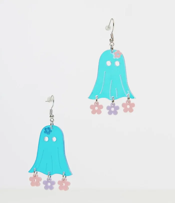 1960s Blue Groovy Ghost Flower Power Earrings AccessoriesHalloween Unique Vintage Accessories