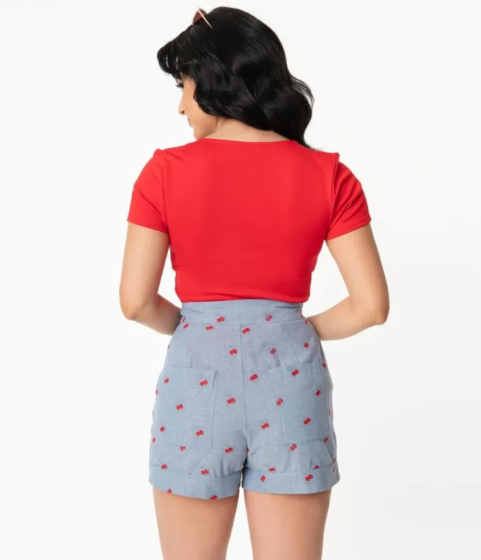 1960s Chambray and Cherry Cotton High Waist Stella Shorts Clothing Unique Vintage Shorts