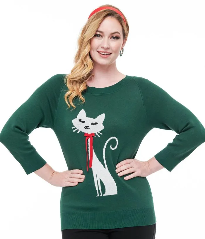 1960s Forest Green and Cream Cat Lorelai Sweater Clothing Unique Vintage Sweaters and Cardigans