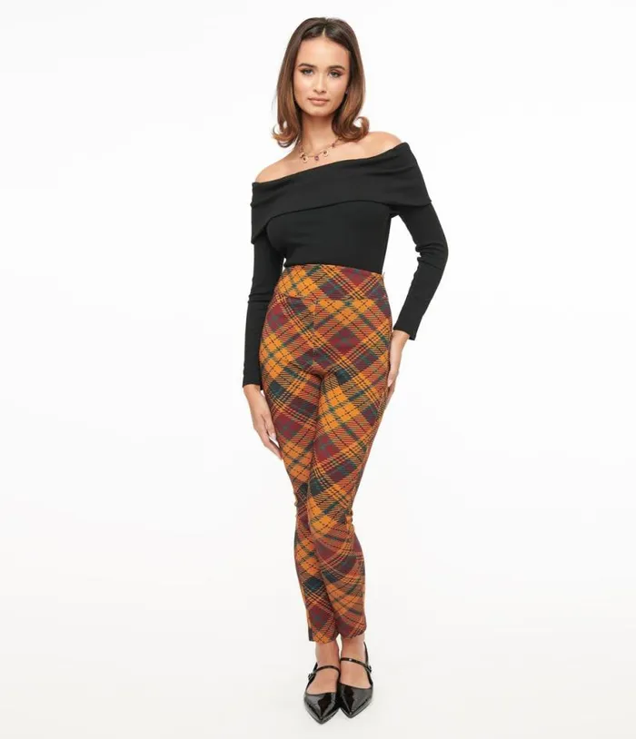 1960s Mustard and Burgundy Plaid High Waist Cigarette Pants Clothing Unique Vintage Pants 1960s Mustard and Burgundy Plaid High Waist Cigarette Pants Clothing Unique Vintage Pants