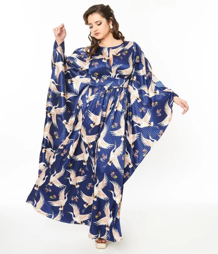 1960s Navy Crane Flutter Sleeve Caftan DressesPlus Unique Vintage Maxi