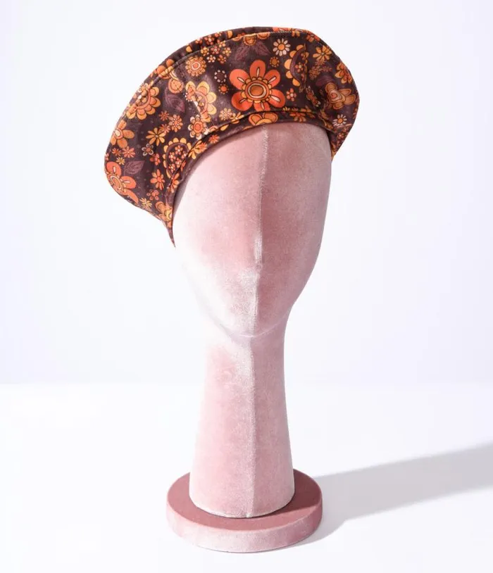 1970s Brown Retro Floral Velvet Beret Accessories Unique Vintage Berets