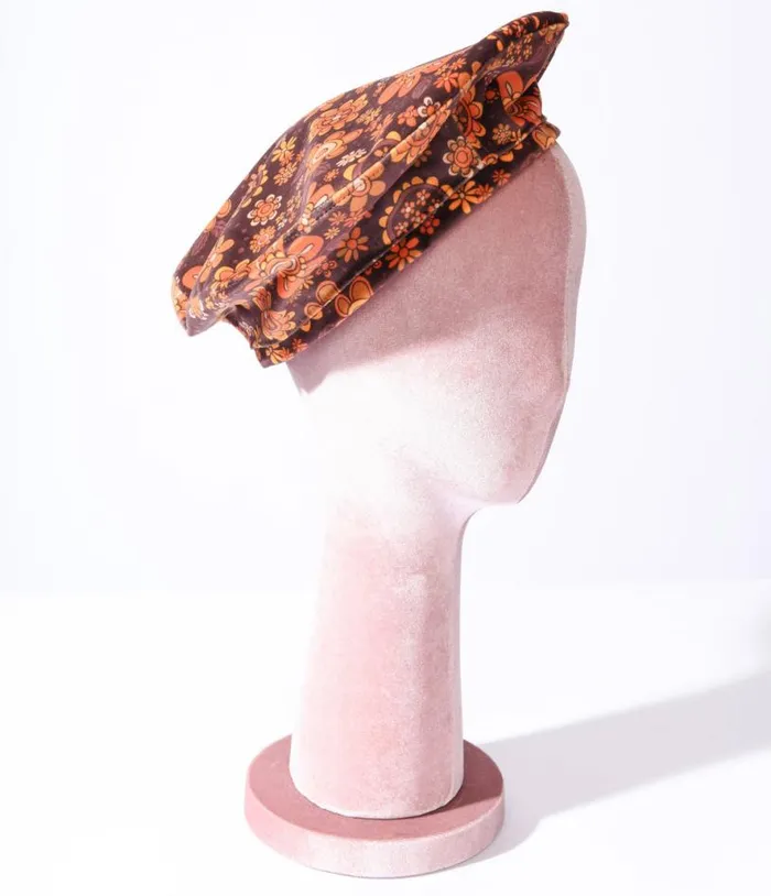 1970s Brown Retro Floral Velvet Beret Accessories Unique Vintage Berets