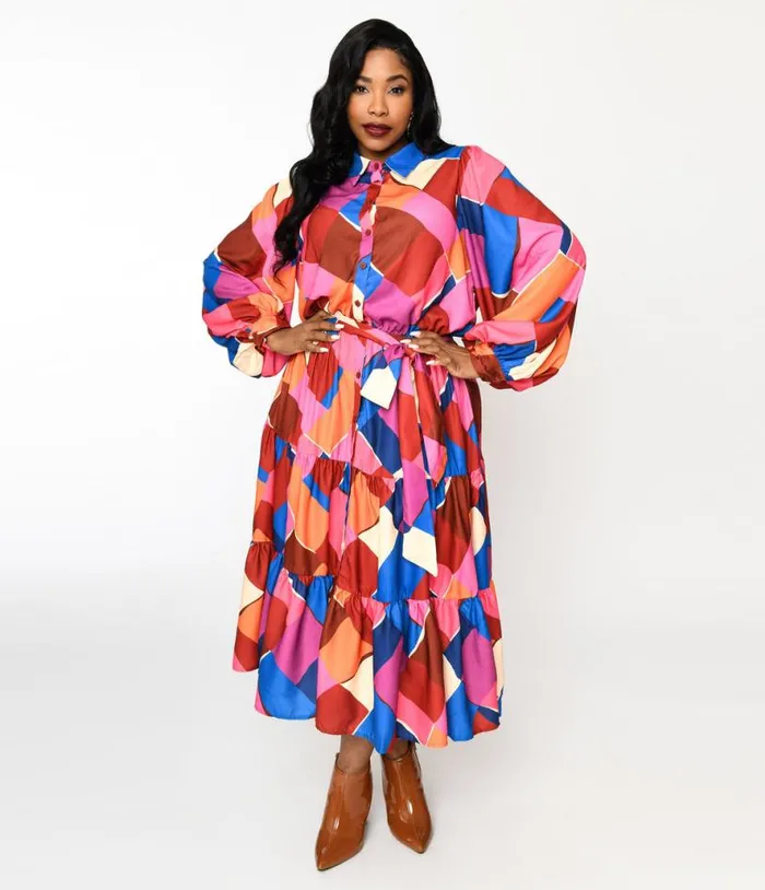 1970s Multicolor Geometric Tiered Maxi Shirt Dress DressesPlus Unique Vintage Midi and Maxi