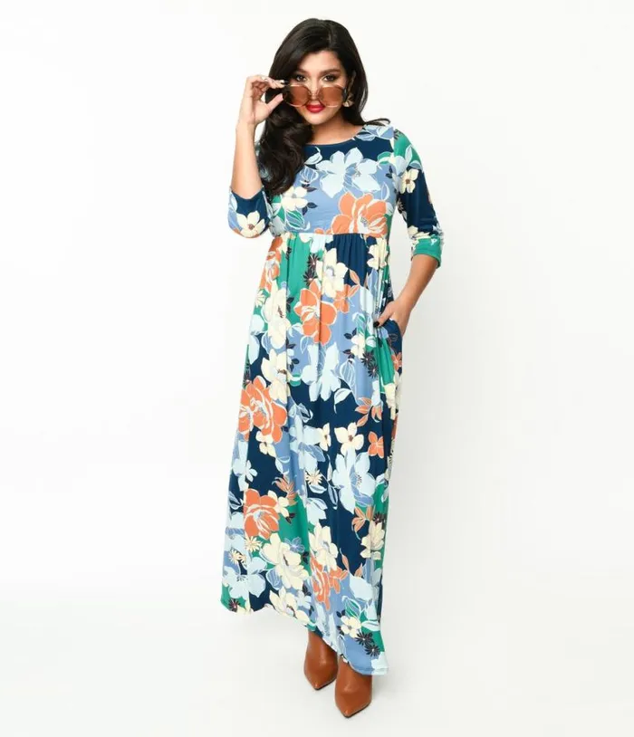 1970s Navy and Multicolor Floral Knit Maxi Dress DressesPlus Unique Vintage Midi and Maxi 1970s Navy and Multicolor Floral Knit Maxi Dress DressesPlus Unique Vintage Midi and Maxi
