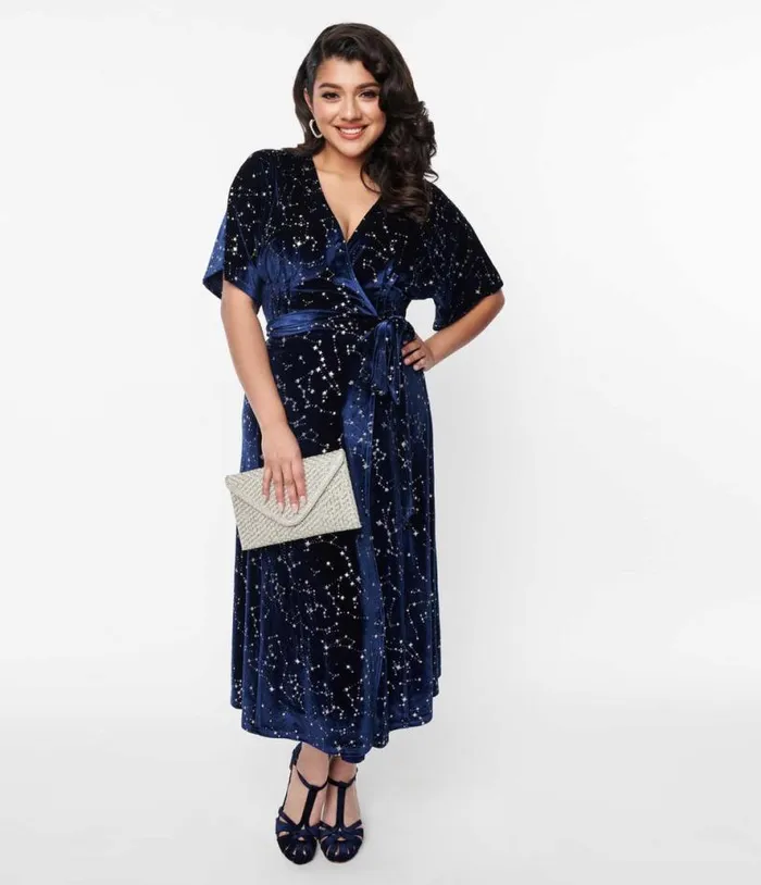 1970s Navy and Silver Stars Velvet Wrap Midi Dress Dresses Unique Vintage Wrap Dresses