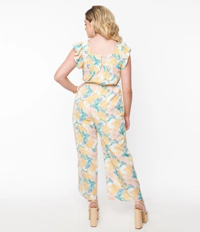 1970s White Pastel Floral Sashed Jumpsuit Clothing Unique Vintage Rompers and Jumpsuits